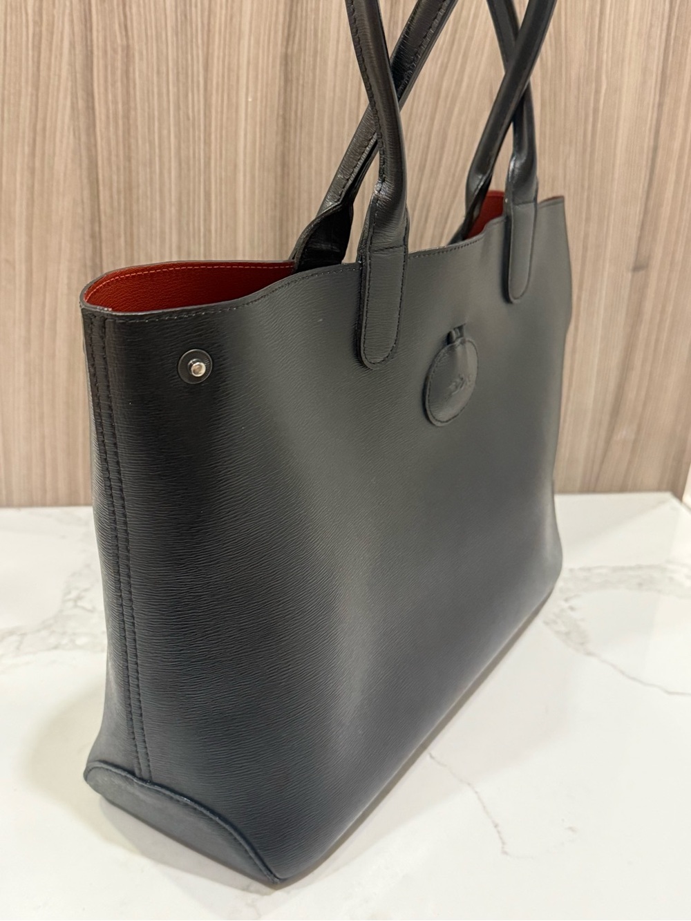 Longchamp Roseau Black Leather Tote Bag – Red Interior - Picture 4 of 14